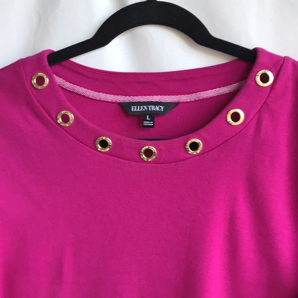 Ellen Tracy hot pink scoop neck top with gold grommets at neckline, size L - Picture 2 of 9